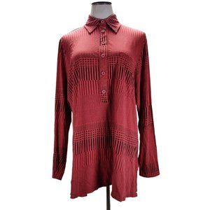 Prairie Cotton Collared Tunic Size L Red Printed Knit Oversized Vintage 90s